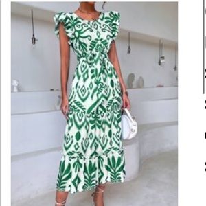 Ikat Print Flutter Sleeve dress with Ruffle Hem and fabric Belt